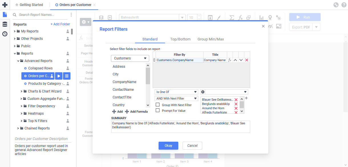 The Filters dialog of the Advanced Report Designer in the Basic blue theme