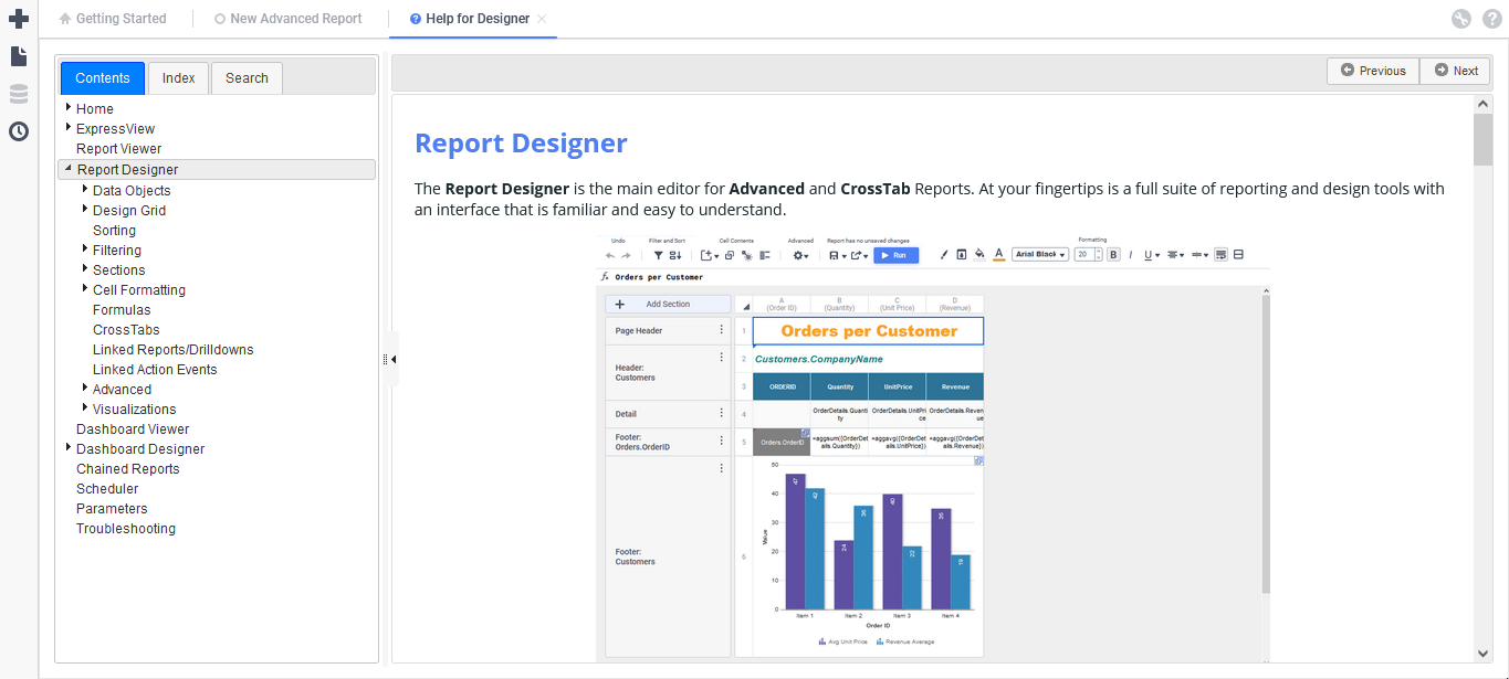 Context Sensitive Help window opened showing the Report Designer help content